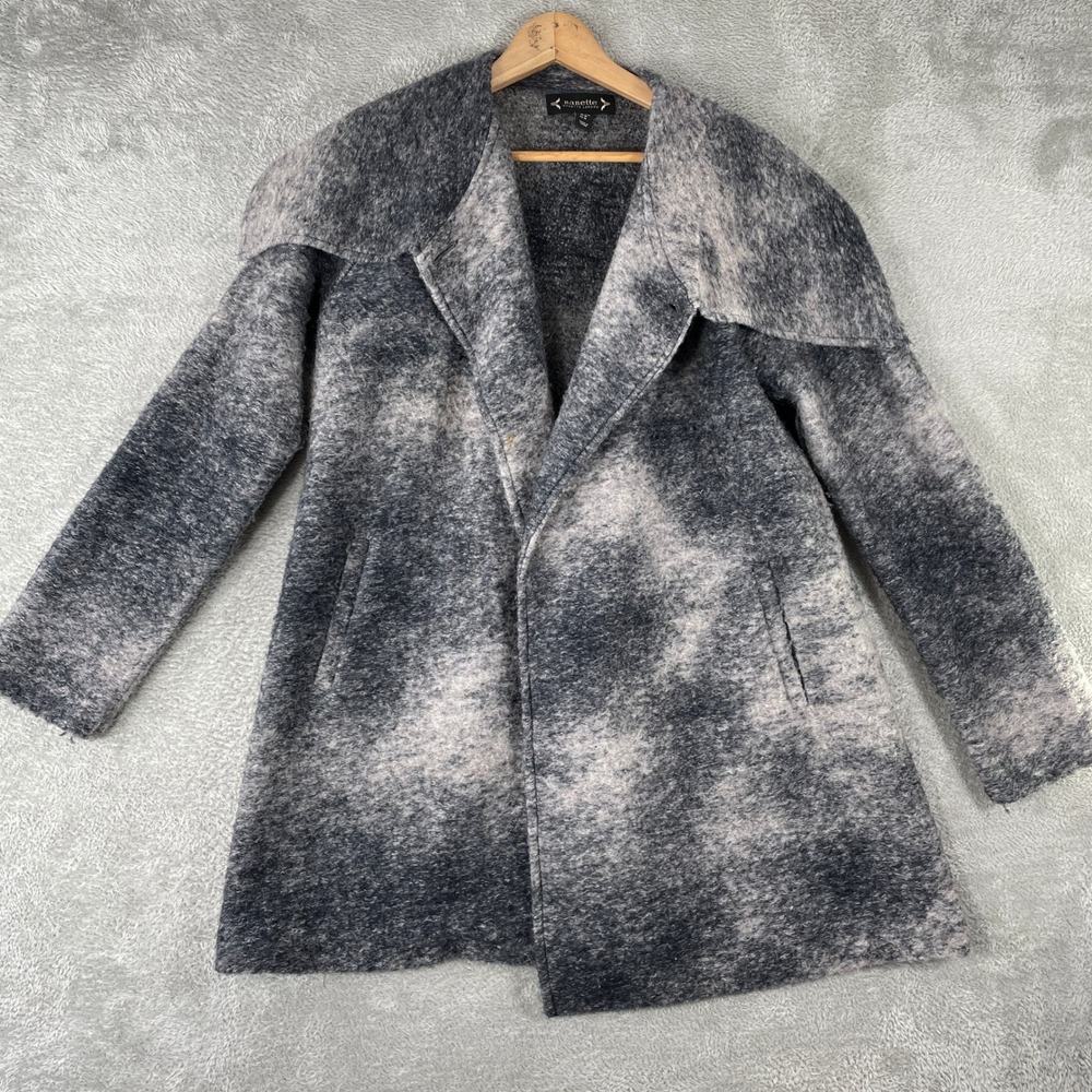 Nanette Lepore Coat Womens Medium Gray Wool Mohair Blend Fuzzy Oversized Collar